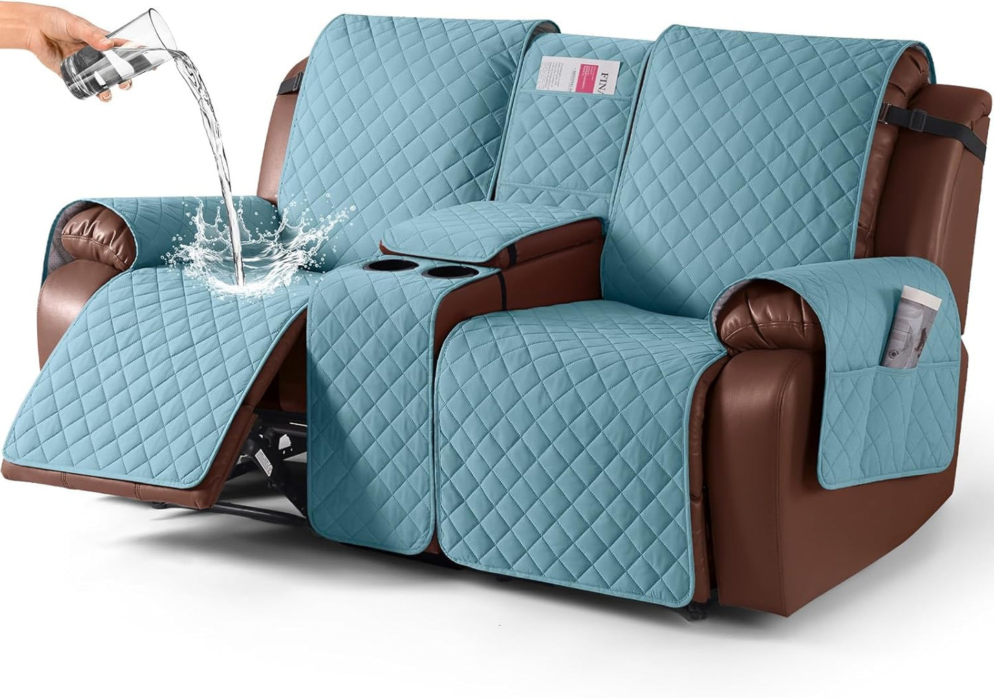 100%Waterproof  with Console, Non-Slip Reclining Couch Covers for 2 Seat, Recliner Sofa Cover Furniture Protector with Elastic Straps for Kids, Pets,GreyBlue