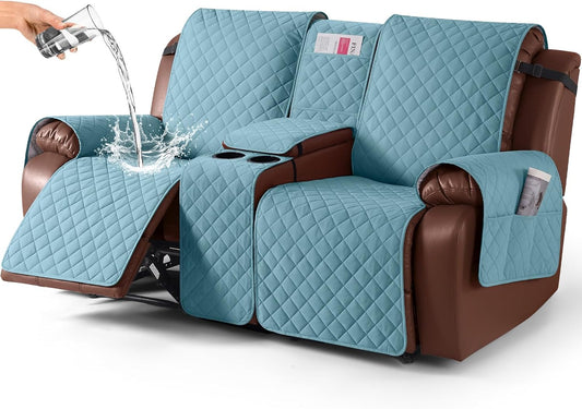 100%Waterproof  with Console, Non-Slip Reclining Couch Covers for 2 Seat, Recliner Sofa Cover Furniture Protector with Elastic Straps for Kids, Pets,GreyBlue