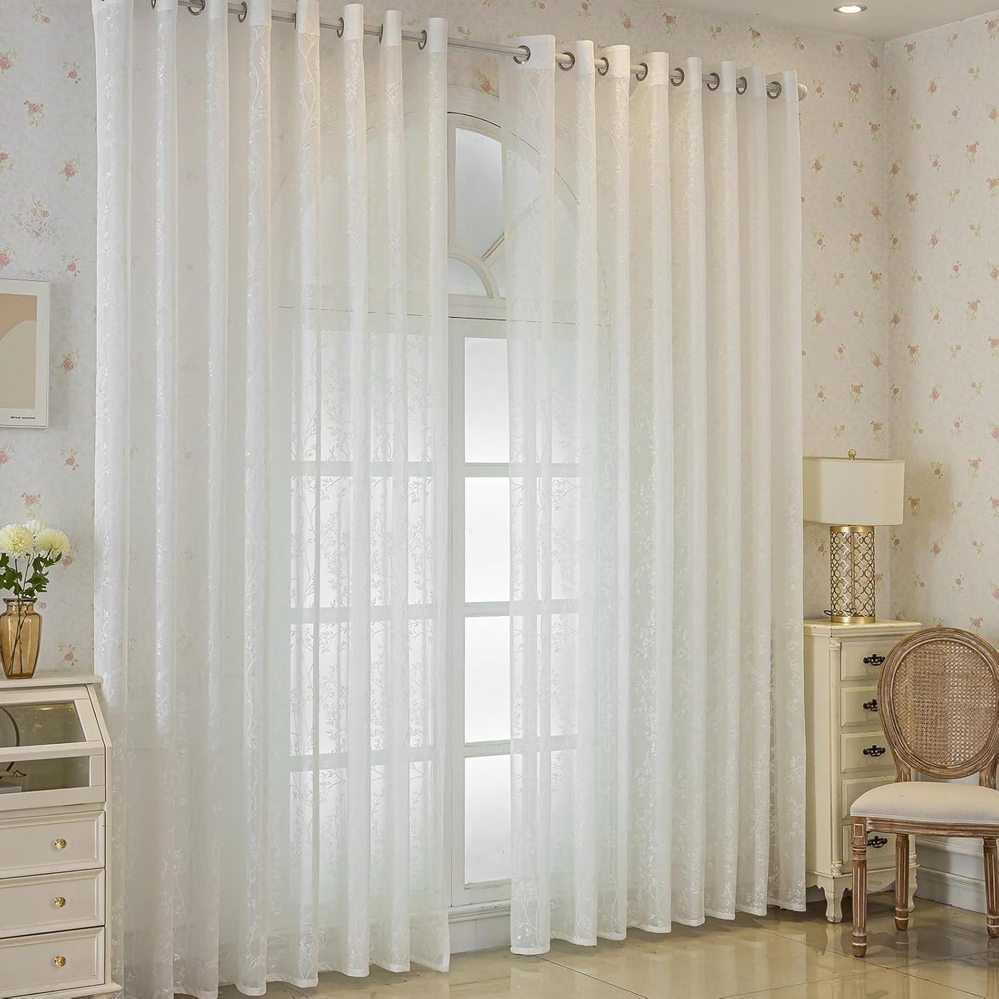 White Lace Sheer Curtains, Farmhouse Leaf Jacquard Grommet Window Curtain for Living Room/Bedroom, Voile Sheer Panel Drapes
