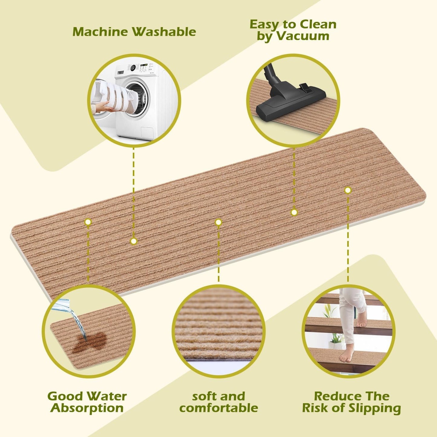 Stair Treads Carpet Non-Slip Indoor Stair Runners for Wooden Steps, Stair Rugs for Kids and Dogs, Set of 15, 8" X 30", Cornstalk