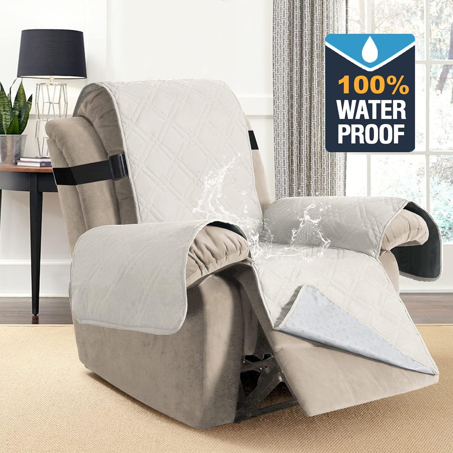 100% Waterproof ,Non-Slip Reclining Cover for Recliner Chair Washable Chair Cover Furniture Protector with Elastic Straps for pet ,kid ,Off White