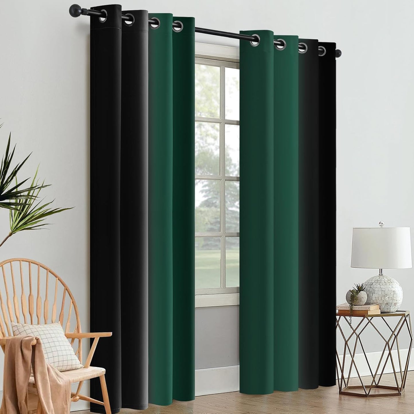 Ombre Room Darkening Curtains for Bedroom, Light Blocking Thermal Insulated Grommet Window Curtain/Drapes for Living Room,2 Panels,Green&Black