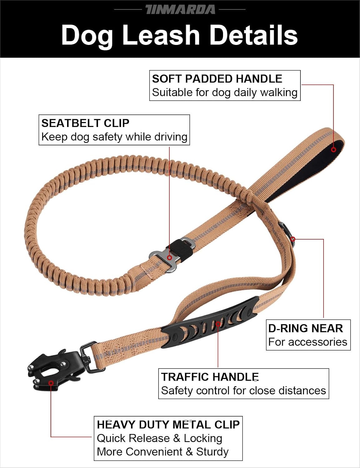 Heavy Duty Dog Leash, 4-6FT Shock Absorbing Dog Leashes with Traffic Handle and Comfortable Padded Handles, Advanced Easy Metal Clip, No Pull Reflective Leash for Medium Large Dogs,Khaki
