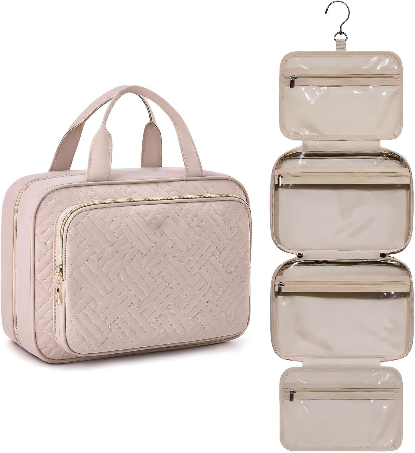 Toiletry Bag Hanging Travel Makeup Organizer, Transparent Cosmetic Bag Makeup Bag for Full Sized Toiletries, Pink