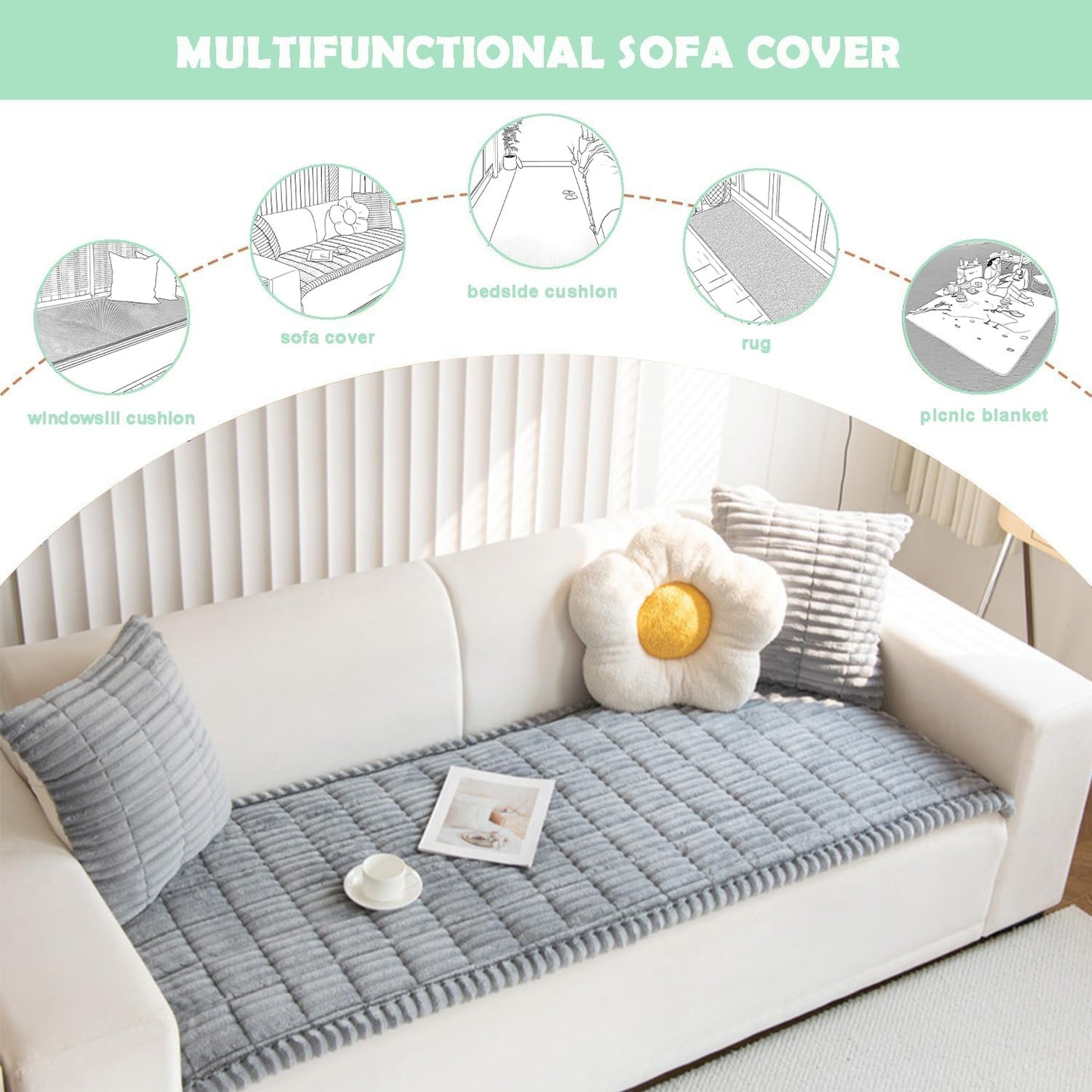 Couch Cover for Dogs Washable, Non Slip Fuzzy Pet Couch Covers for 3 Cushion Sofa Pet Friendly, Thick Soft Sofa Slipcovers Cushion Protector, Light Grey