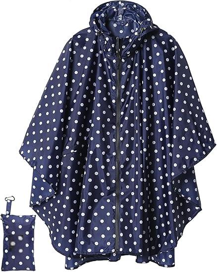 Unisex Rain Poncho Raincoat Hooded with Pockets&ZIpper ,Fashion,Beautiful, Durable, Lightweight,(Blue Dot)