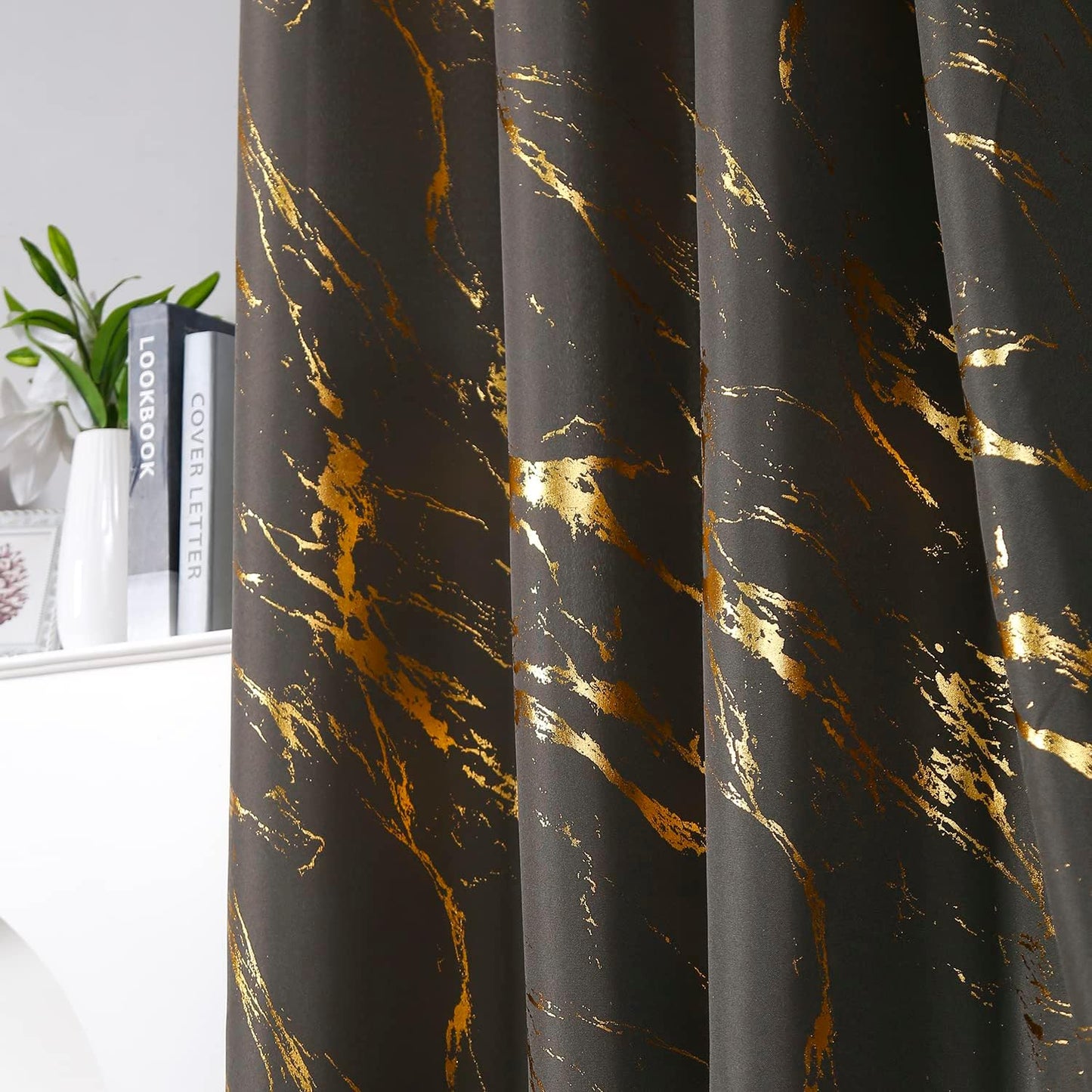 90% Blackout Curtains 2 Panels, Gold Marble Patterned Blackout Curtains Thermal Insulated Room Darkening Drapes for Living Room ,Grey