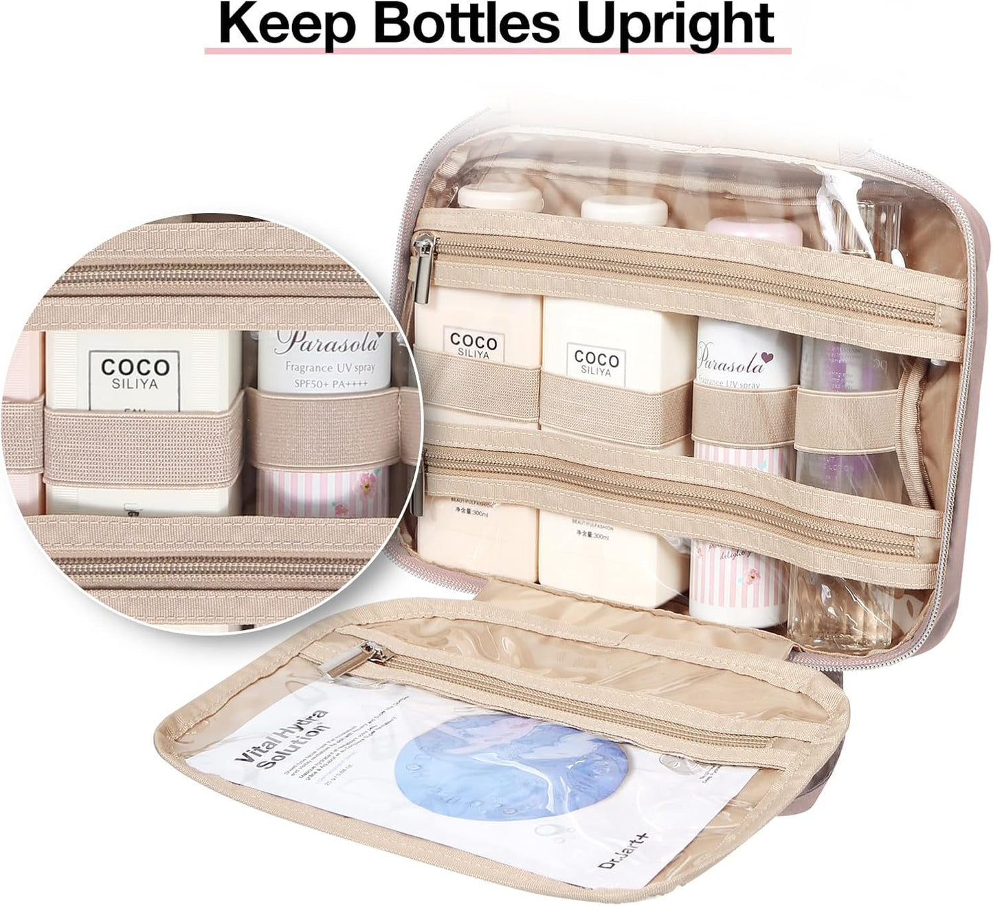 Toiletry Bag Hanging Travel Makeup Organizer, Transparent Cosmetic Bag Makeup Bag for Full Sized Toiletries,Deep Pink