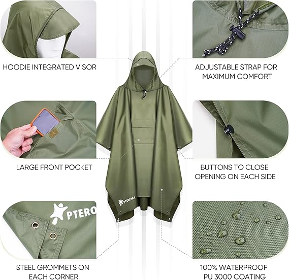 Hooded Rain Poncho for Adult with Pocket, Waterproof Lightweight Unisex Raincoat for Hiking Camping Emergency ,Green