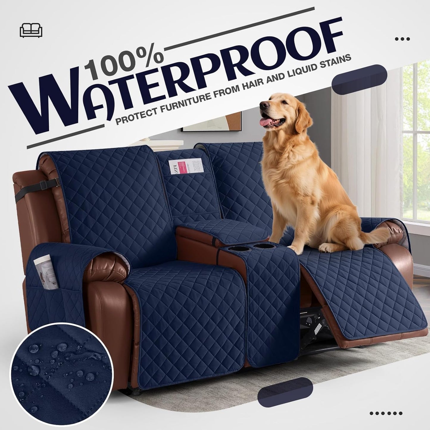 100%Waterproof  with Console, Non-Slip Reclining Couch Covers for 2 Seat, Recliner Sofa Cover Furniture Protector with Elastic Straps for Kids, Pets,Navy