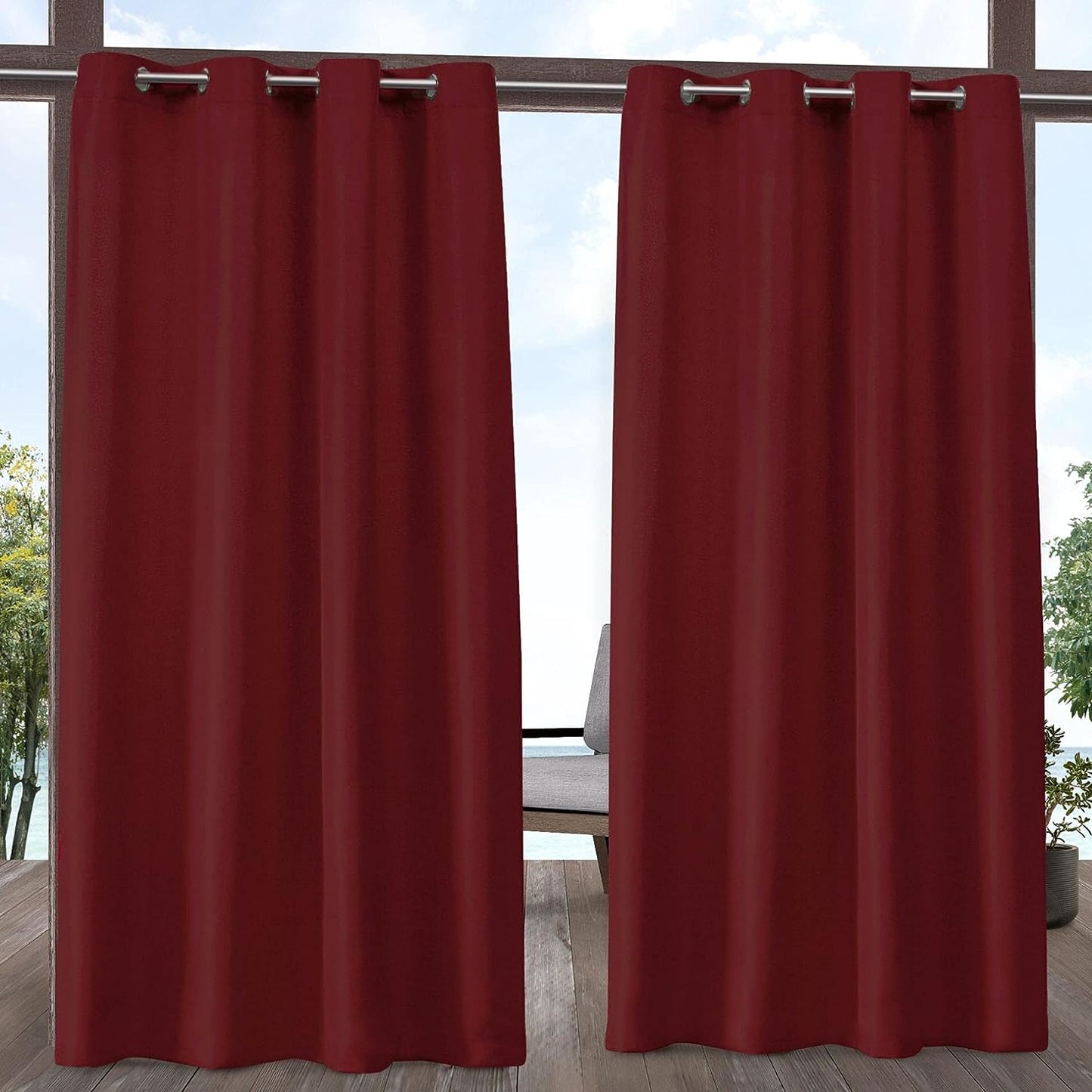 2 Pieces Solid Indoor/Outdoor Light Filtering,Waterproof Grommet Top Curtain Panel,Burgundy