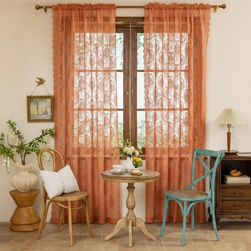 Burnt Orange Lace French Delicacy Curtains -Rod Pocket Luxury Vintage Bow Butterfly Flower Sheer Lace Curtains for Living Room Bedroom