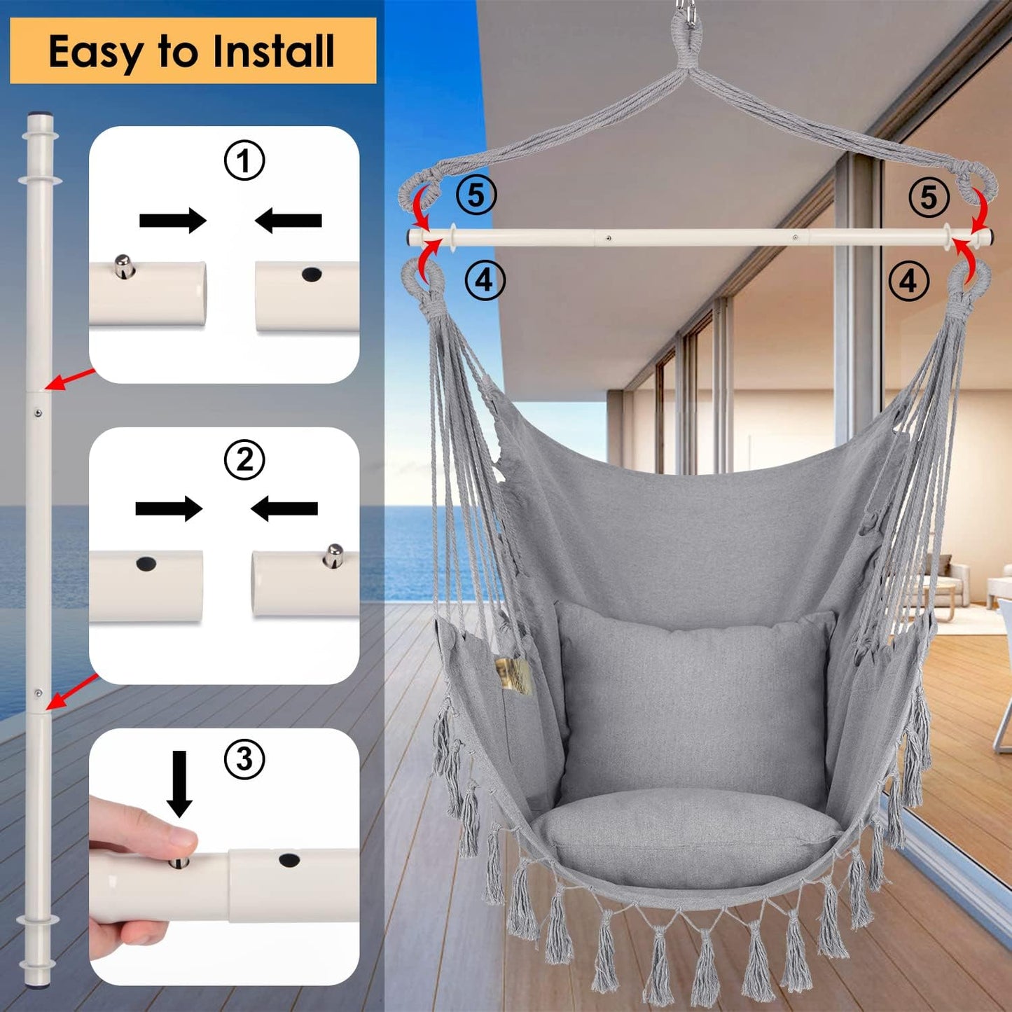 Hammock Chair Hanging Rope Swing, Large Hanging Chair with Pocket and tassels,Cushions for Superior Comfort, with Hardware Kit (Light Grey)