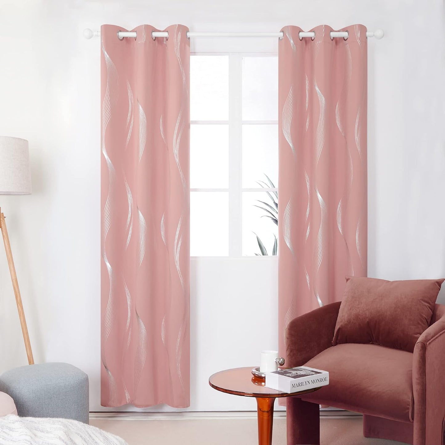 Silver Wave Print Blackout Curtains - Thermal Insulated & Noise‑Reducing Grommet Drapes for Bedroom & Living Room,  2 Panels ,Pink