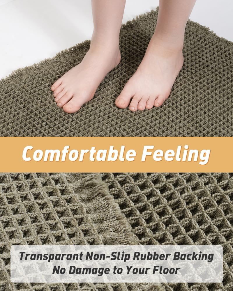 Waffle Bath Mat, Super Absorbent Non Slip Bath Mats for Bathroom Floor, Machine Washable Bathroom Rugs with Tassels,Ultra Soft,Olive
