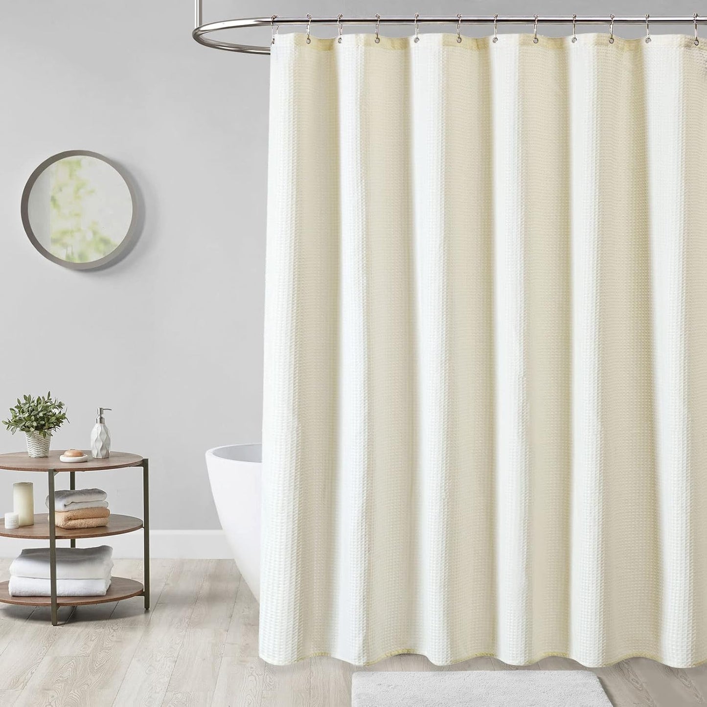 Fabric Shower Curtain - Waffle Weave Weighted Thick Cloth Shower Curtains for Bathroom, Hotel Spa Luxury Bath Curtain Set with 10 Hooks,Ivory