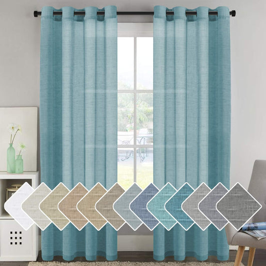 Natural Linen Sheer Curtains 2 Panels, Grommet Semitransparent Semi-Sheer Soft Comfort Privacy Drapes,Turquoise