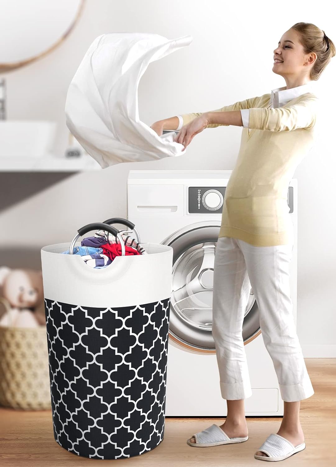 Large Laundry Basket Collapsible Tall With Handles Waterproof Travel Bathroom Essentials Storage For Dorm, Family (Black),82L