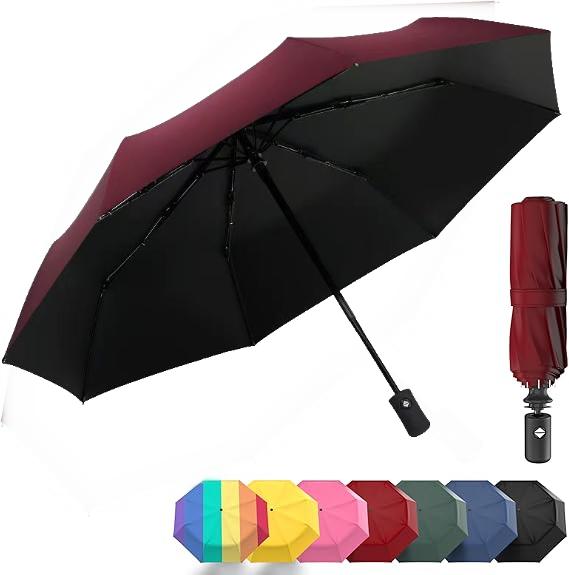 Windproof Compact Umbrellas for Rain - Strong Design & Auto Open & Close - Portable Folding Travel  -All-weather-Light & Portable for Women & Men,Burgundy