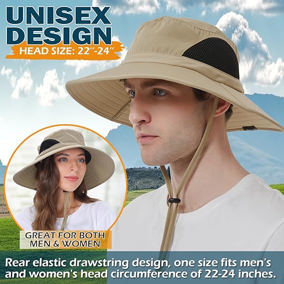 Unisex Sun Hat, Waterproof Wide Brim Bucket Hat Packable Boonie Hat for Fishing Hiking Gardening Safari Beach,Khaki