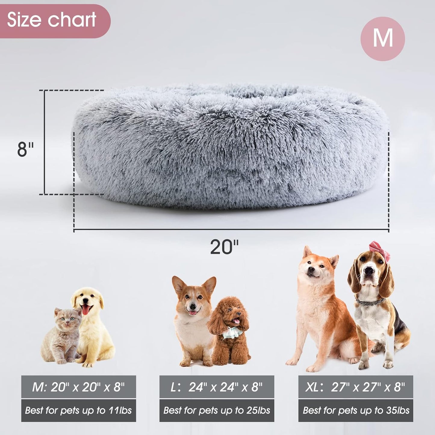 Anti Anxiety Round Fluffy Plush Faux Fur Warm Washable Dog Bed & Cat Bed, Original Bed for Small Medium Large Pets,Light Grey