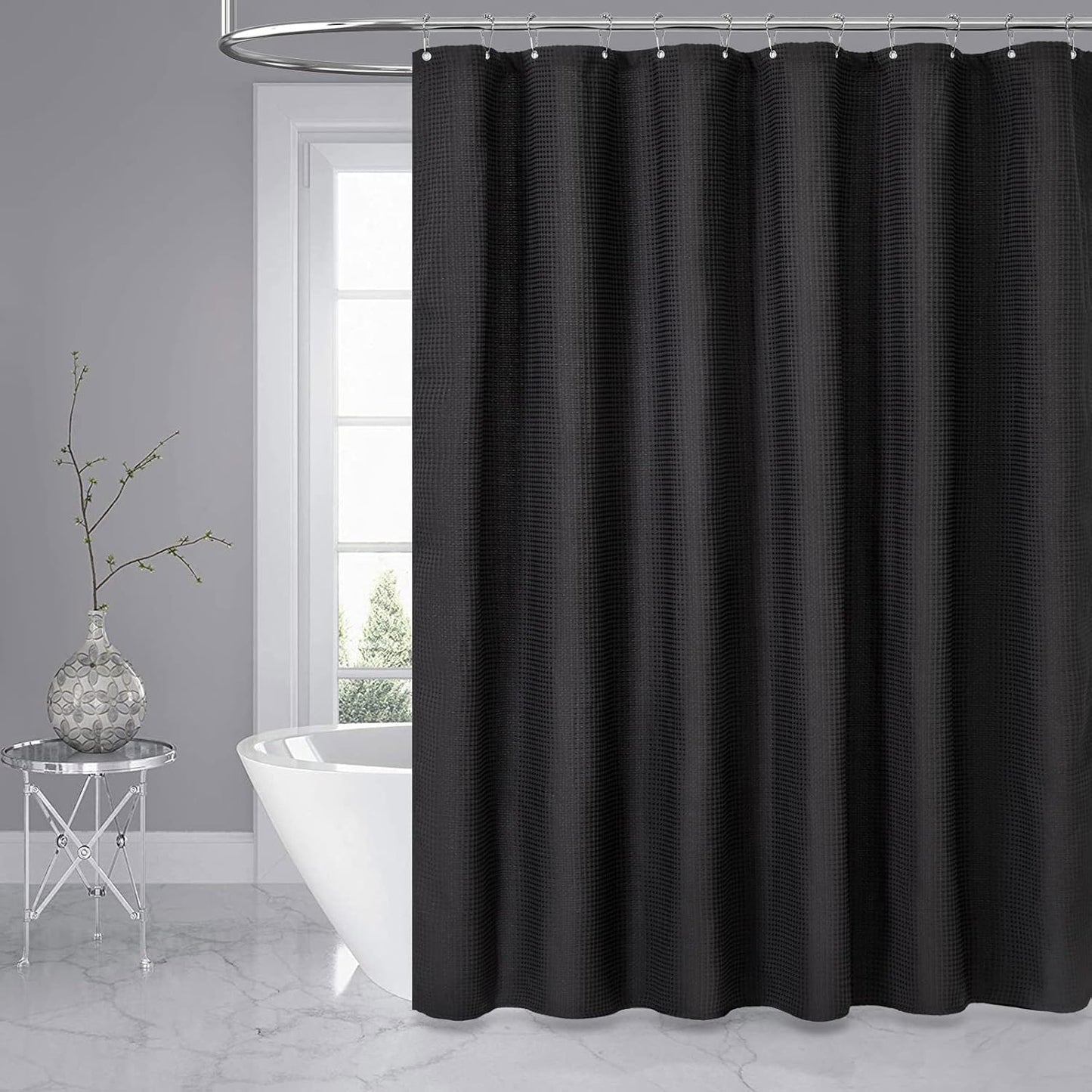 Fabric Shower Curtain - Waffle Weave Weighted Thick Cloth Shower Curtains for Bathroom, Hotel Spa Luxury Bath Curtain Set with 10 Hooks,Black