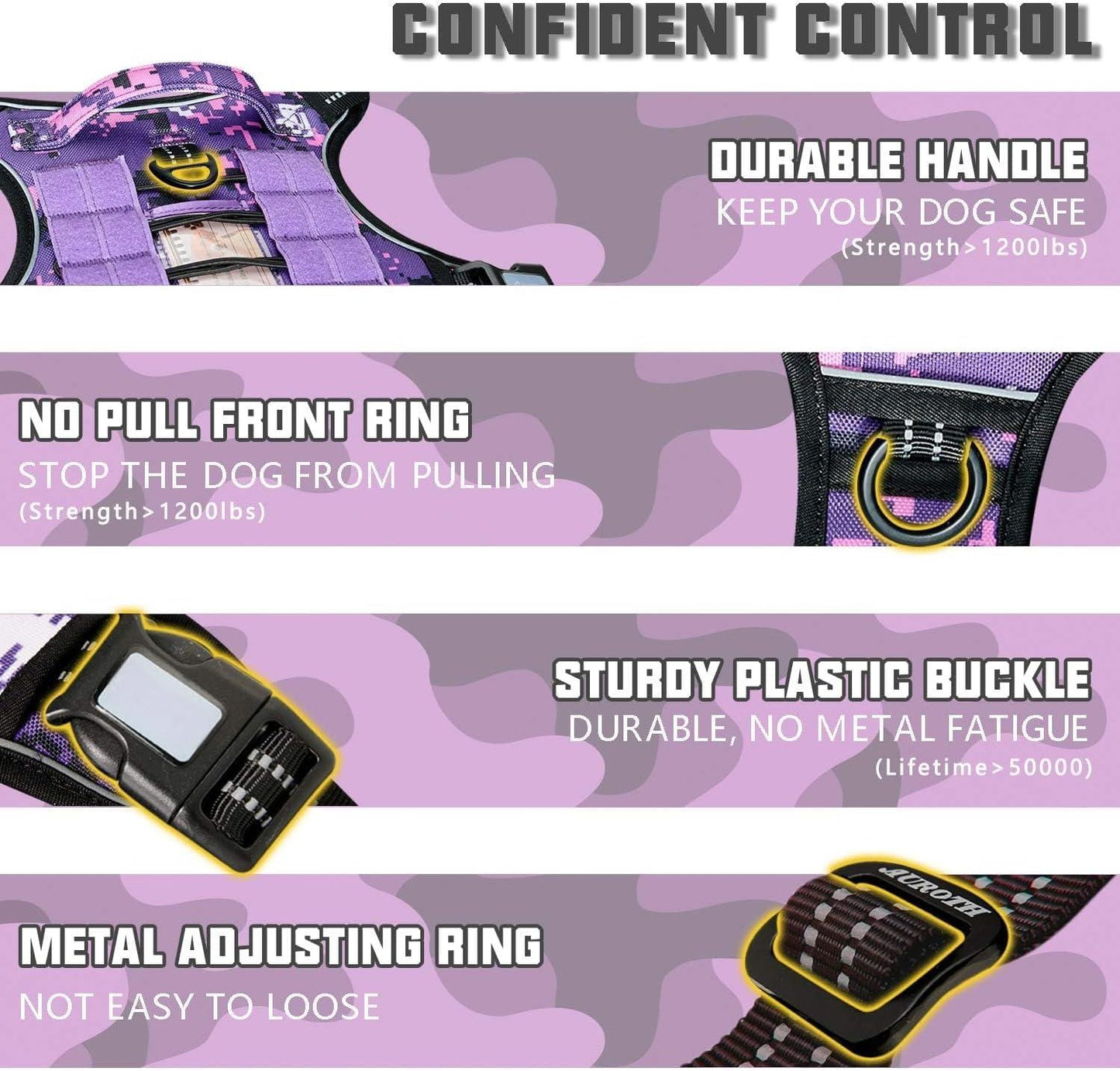   Tactical Dog Harness for Large, Heavy Duty Pet Harness with Handle, No-Pull Service Vest , Adjustable for Training Hunting Walking,Purple Camo