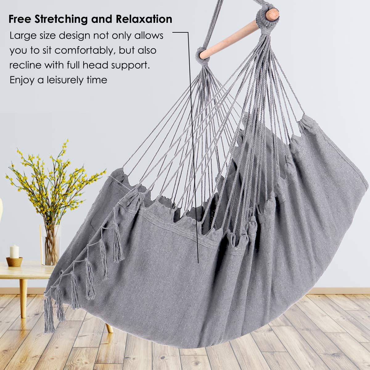 Hammock Chair Hanging Rope Swing, Large Hanging Chair with Pocket and tassels,Cushions for Superior Comfort, with Hardware Kit (Grey)