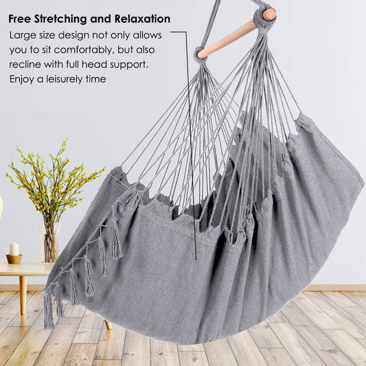 Hammock Chair Hanging Rope Swing, Large Hanging Chair with Pocket and tassels,Cushions for Superior Comfort, with Hardware Kit (Grey)
