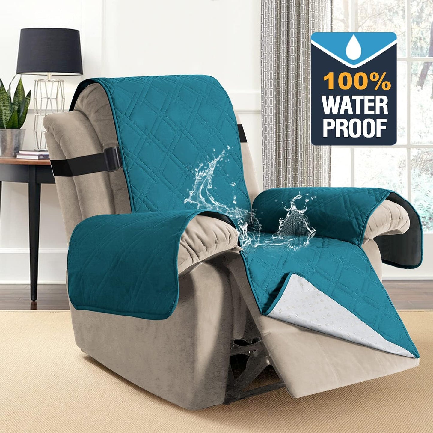 100% Waterproof ,Non-Slip Reclining Cover for Recliner Chair Washable Chair Cover Furniture Protector with Elastic Straps for pet ,kid ,Dark Teal