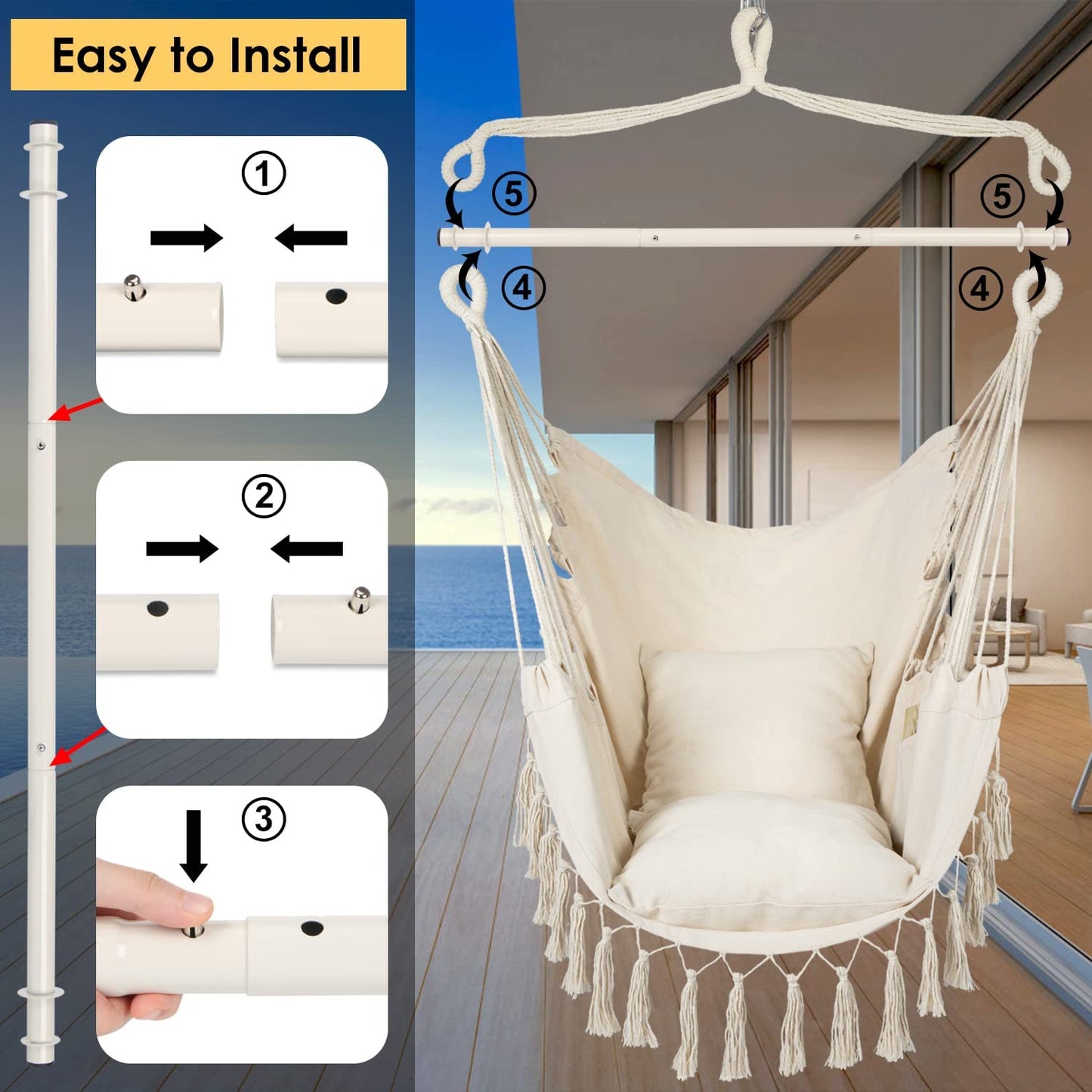 Hammock Chair Hanging Rope Swing, Large Hanging Chair with Pocket and tassels,Cushions for Superior Comfort, with Hardware Kit (Beige)