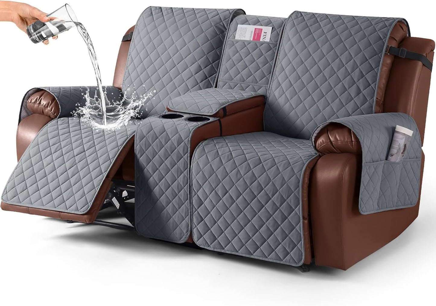 100%Waterproof  with Console, Non-Slip Reclining Couch Covers for 2 Seat, Recliner Sofa Cover Furniture Protector with Elastic Straps for Kids, Pets,Grey