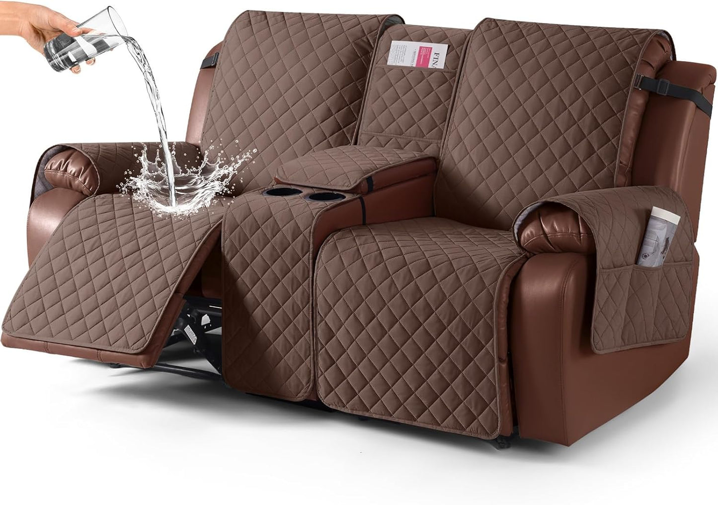 100%Waterproof  with Console, Non-Slip Reclining Couch Covers for 2 Seat, Recliner Sofa Cover Furniture Protector with Elastic Straps for Kids, Pets,Coffee