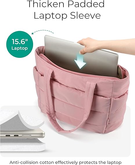 Tote Bag for Women, Lightweight Puffy Tote Bag with Compartments Shoulder Bag Handbag for Travel, Work, Gym | Lightweight, Puffy, Quilted,Pink