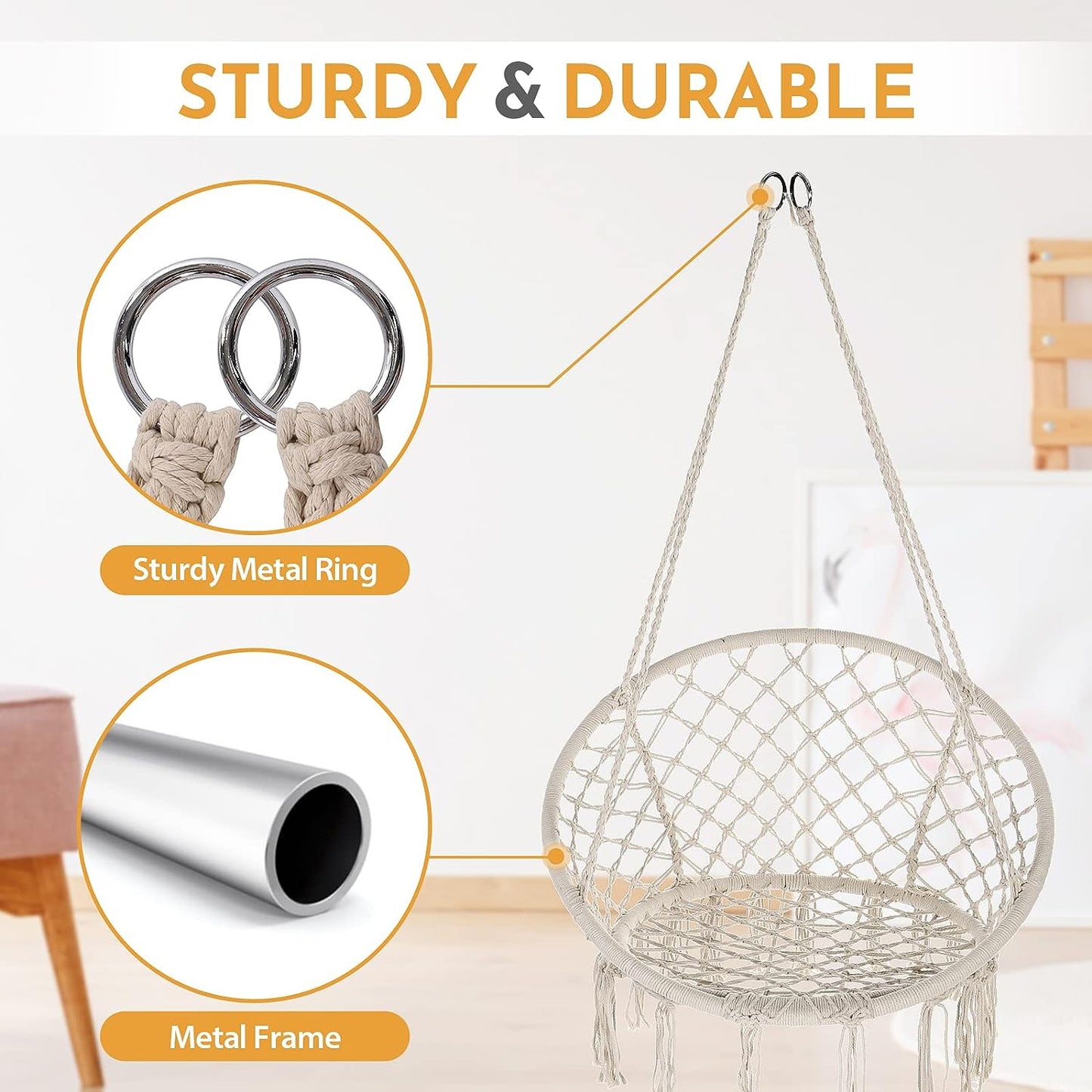 Macrame Hammock Hanging Rocking Chair, Suitable for Bedroom, Outdoor, Children, Adults, Huge Load-bearing Capacity（Beige）