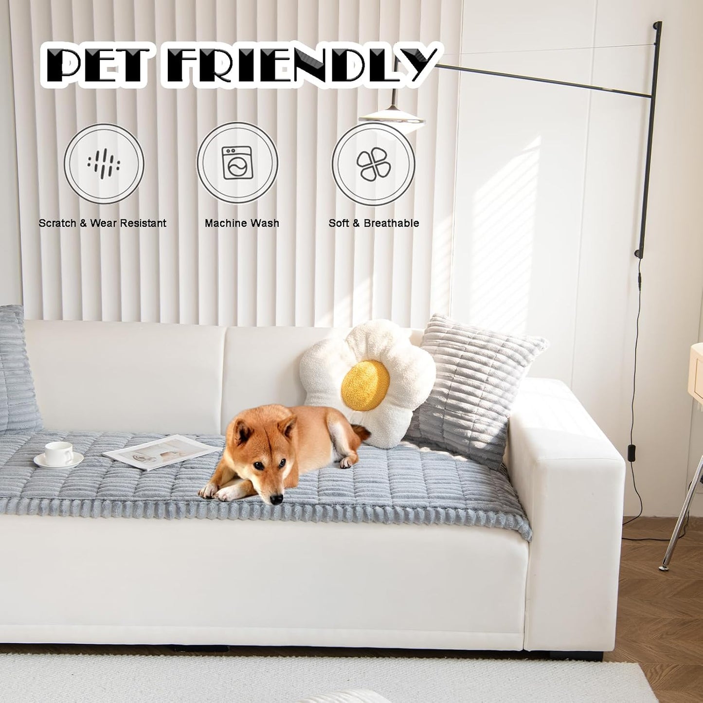 Couch Cover for Dogs Washable, Non Slip Fuzzy Pet Couch Covers for 3 Cushion Sofa Pet Friendly, Thick Soft Sofa Slipcovers Cushion Protector, Light Grey
