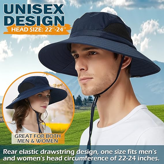 Unisex Sun Hat, Waterproof Wide Brim Bucket Hat Packable Boonie Hat for Fishing Hiking Gardening Safari Beach,Navy