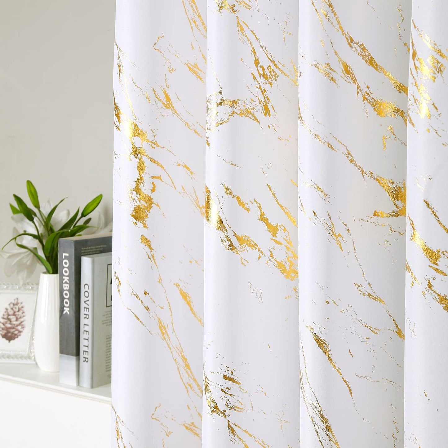90% Blackout Curtains 2 Panels, Gold Marble Patterned Blackout Curtains Thermal Insulated Room Darkening Drapes for Living Room ,White
