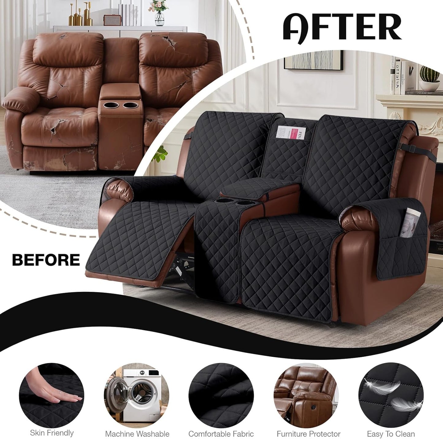 100%Waterproof  with Console, Non-Slip Reclining Couch Covers for 2 Seat, Recliner Sofa Cover Furniture Protector with Elastic Straps for Kids, Pets,Black