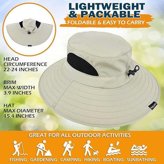 Unisex Sun Hat, Waterproof Wide Brim Bucket Hat Packable Boonie Hat for Fishing Hiking Gardening Safari Beach,Beige