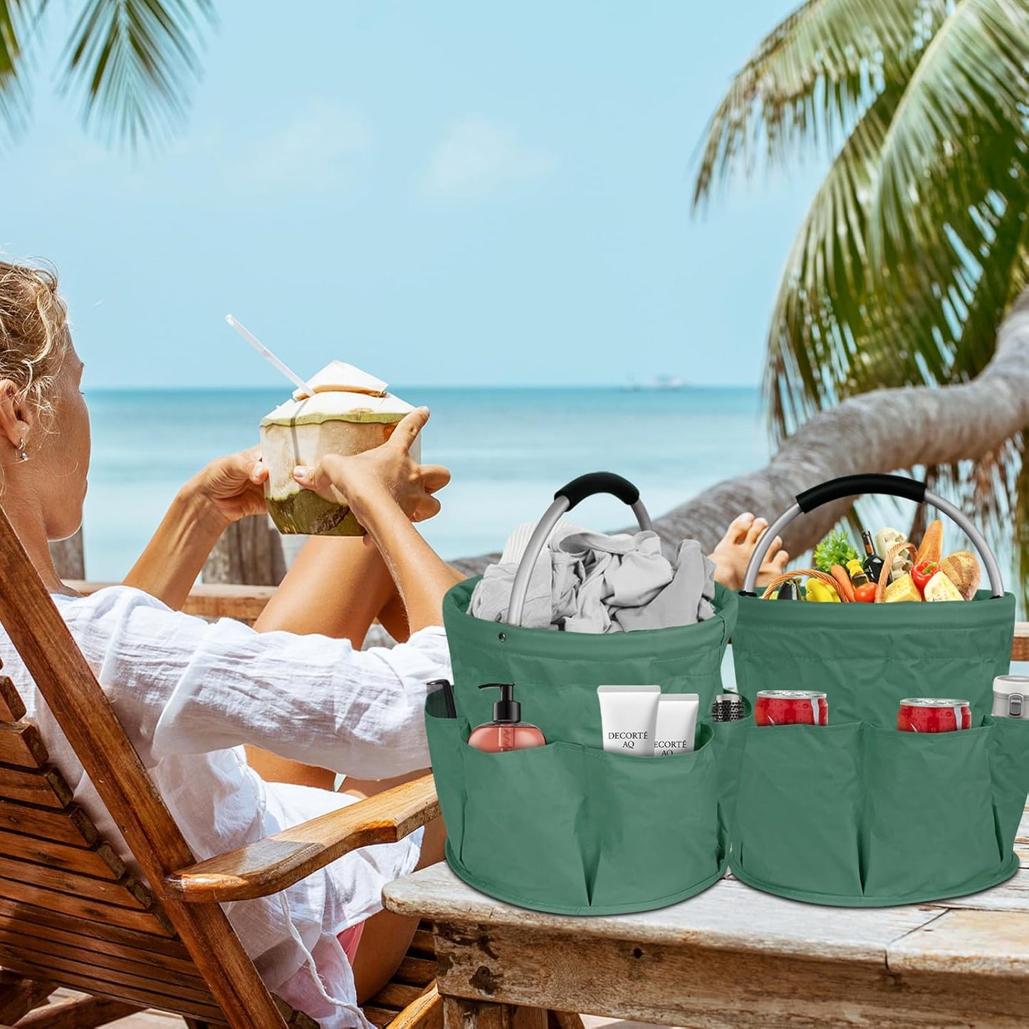 Collapsible Basket with Handles: Portable Picnic, Beach, Garden Harvest,Market Shopping Basket, Home Storage, Bathroom Organizer,Green