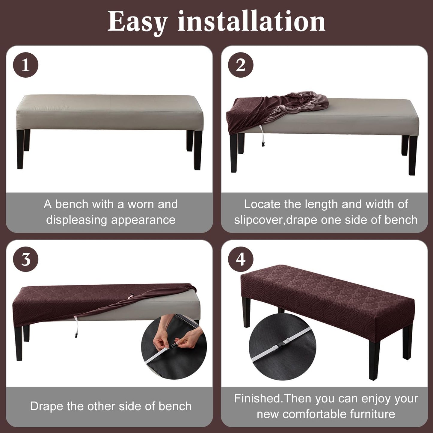 Dining Bench Cover Waterproof, Washable Long Bench Covers Slipcover, Stretch Rectangle Bench Seat Covers for Living Rooms, Bedroom, Kitchen, Piano Bench Cover, Dark Coffee