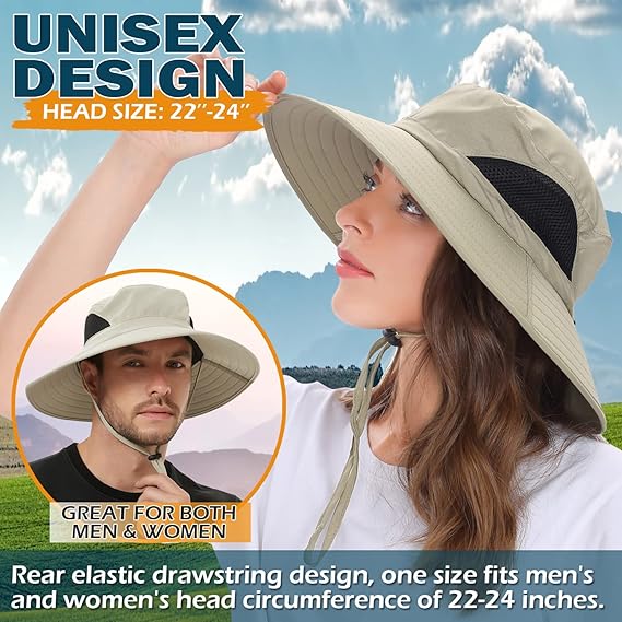 Unisex Sun Hat, Waterproof Wide Brim Bucket Hat Packable Boonie Hat for Fishing Hiking Gardening Safari Beach,Beige