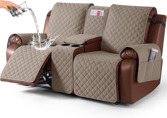 100%Waterproof  with Console, Non-Slip Reclining Couch Covers for 2 Seat, Recliner Sofa Cover Furniture Protector with Elastic Straps for Kids, Pets,Taupe