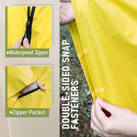 Unisex Rain Poncho Raincoat Hooded with Pockets&ZIpper ,Fashion,Beautiful, Durable, Lightweight,(Yellow)