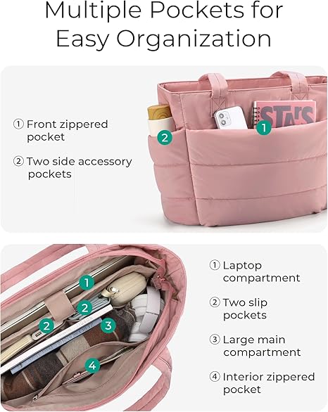 Tote Bag for Women, Lightweight Puffy Tote Bag with Compartments Shoulder Bag Handbag for Travel, Work, Gym | Lightweight, Puffy, Quilted,Pink