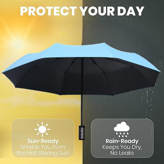 Windproof Compact Umbrellas for Rain - Strong Design & Auto Open & Close - Portable Folding Travel  -All-weather-Light & Portable for Women & Men,Lihgt blue