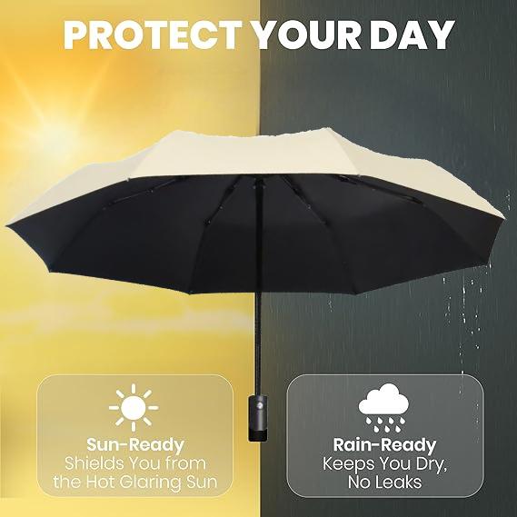 Windproof Compact Umbrellas for Rain - Strong Design & Auto Open & Close - Portable Folding Travel  -All-weather-Light & Portable for Women & Men,Beige