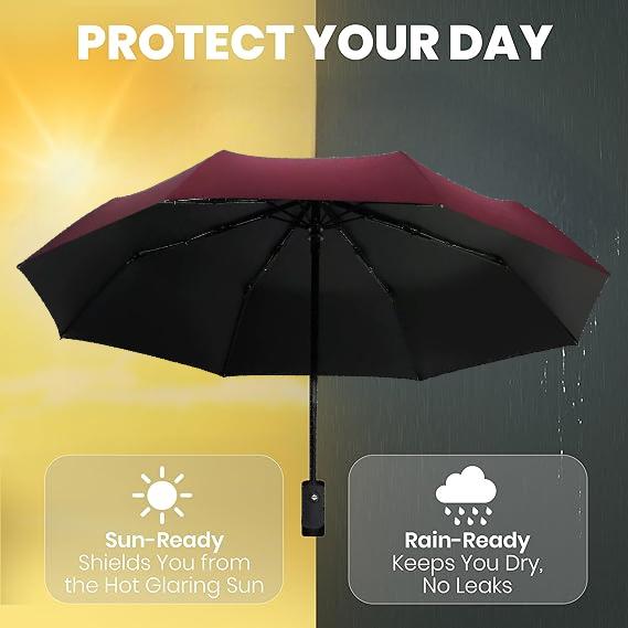 Windproof Compact Umbrellas for Rain - Strong Design & Auto Open & Close - Portable Folding Travel  -All-weather-Light & Portable for Women & Men,Burgundy