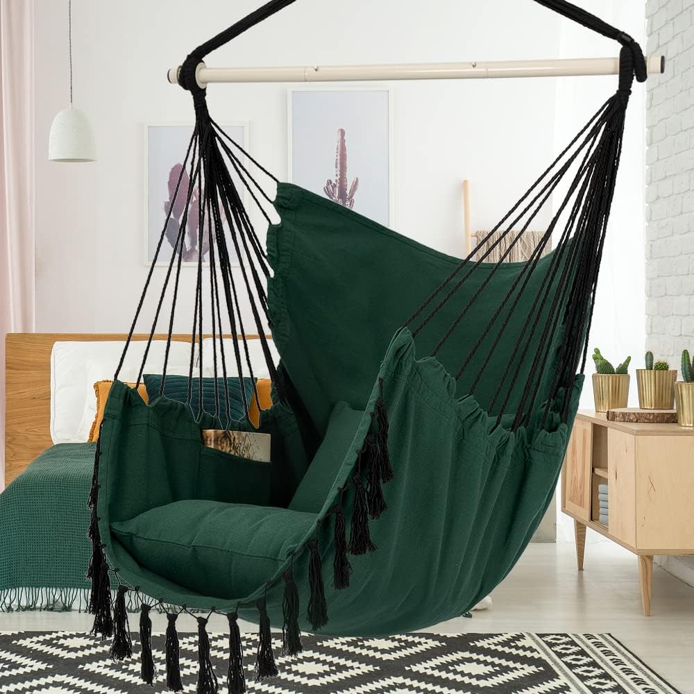 Hammock Chair Hanging Rope Swing, Large Hanging Chair with Pocket and tassels,Cushions for Superior Comfort, with Hardware Kit (GREEN)